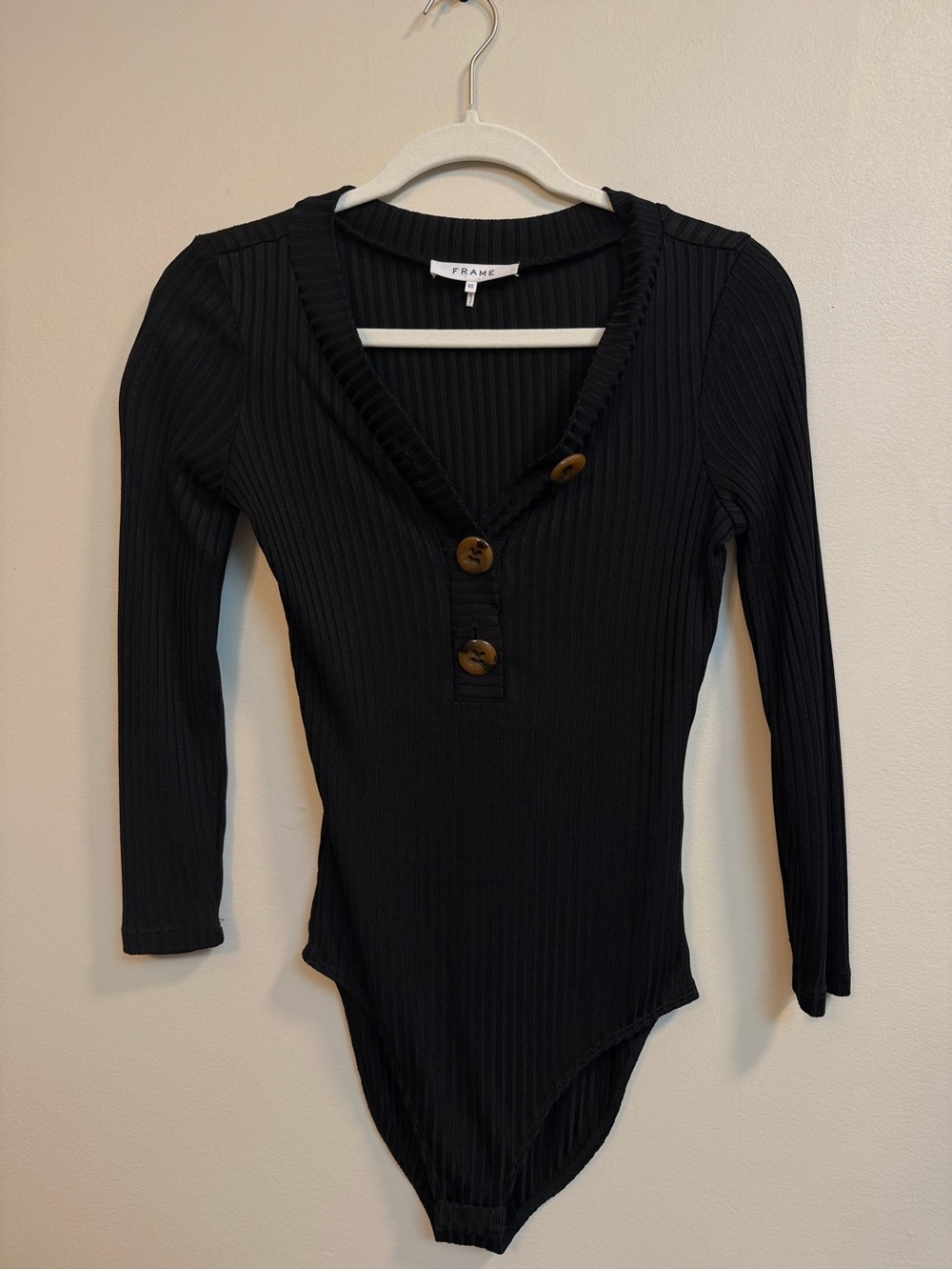 Frame Denim Black Henley Ribbed Long-Sleeve Bodysuit